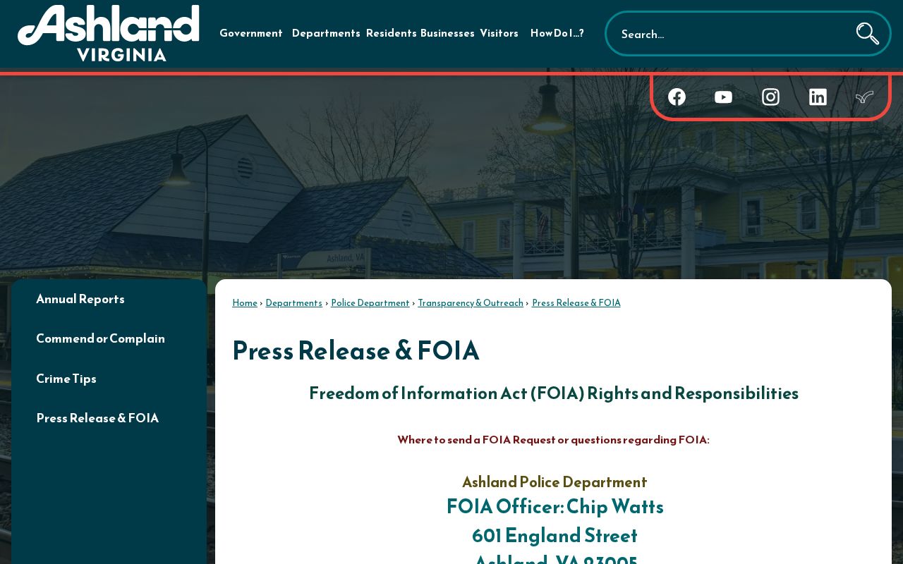 Ashland Police Department press release and FOIA records page
