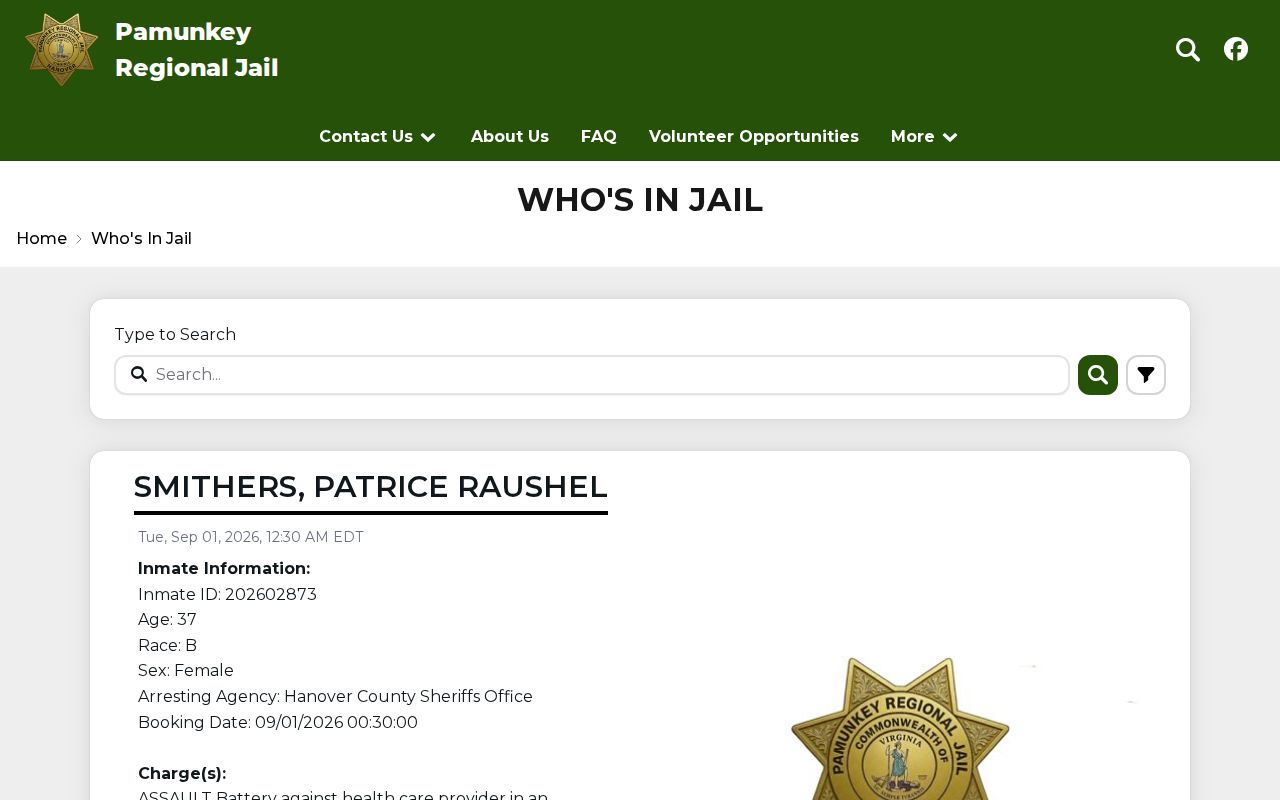 Hanover County Pamunkey Regional Jail current custody roster