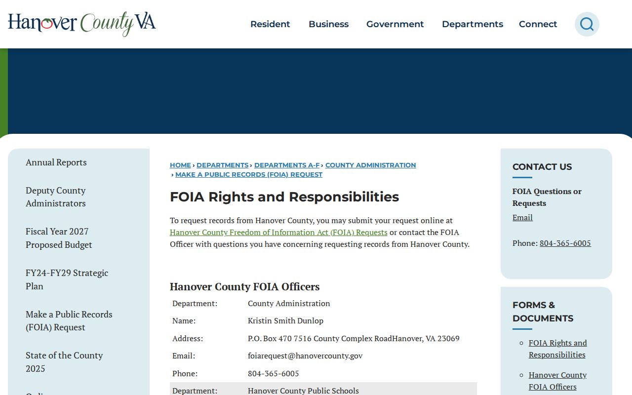 Hanover County FOIA booking record request information